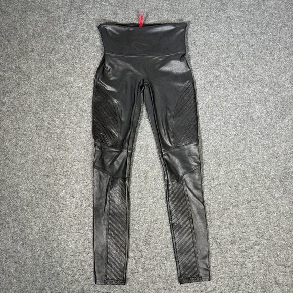 SPANX Pants - Spanx Faux Leather Moto Leggings Black High Waist Ribbed Panels Medium M